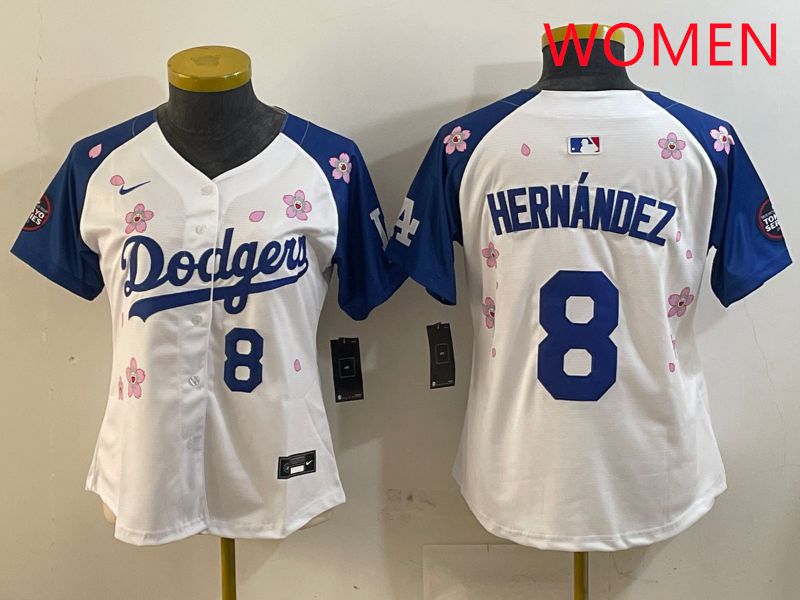 Women Los Angeles Dodgers #8 Hernandez White Blue Sakura Edition 2025 Nike MLB Jersey style 7